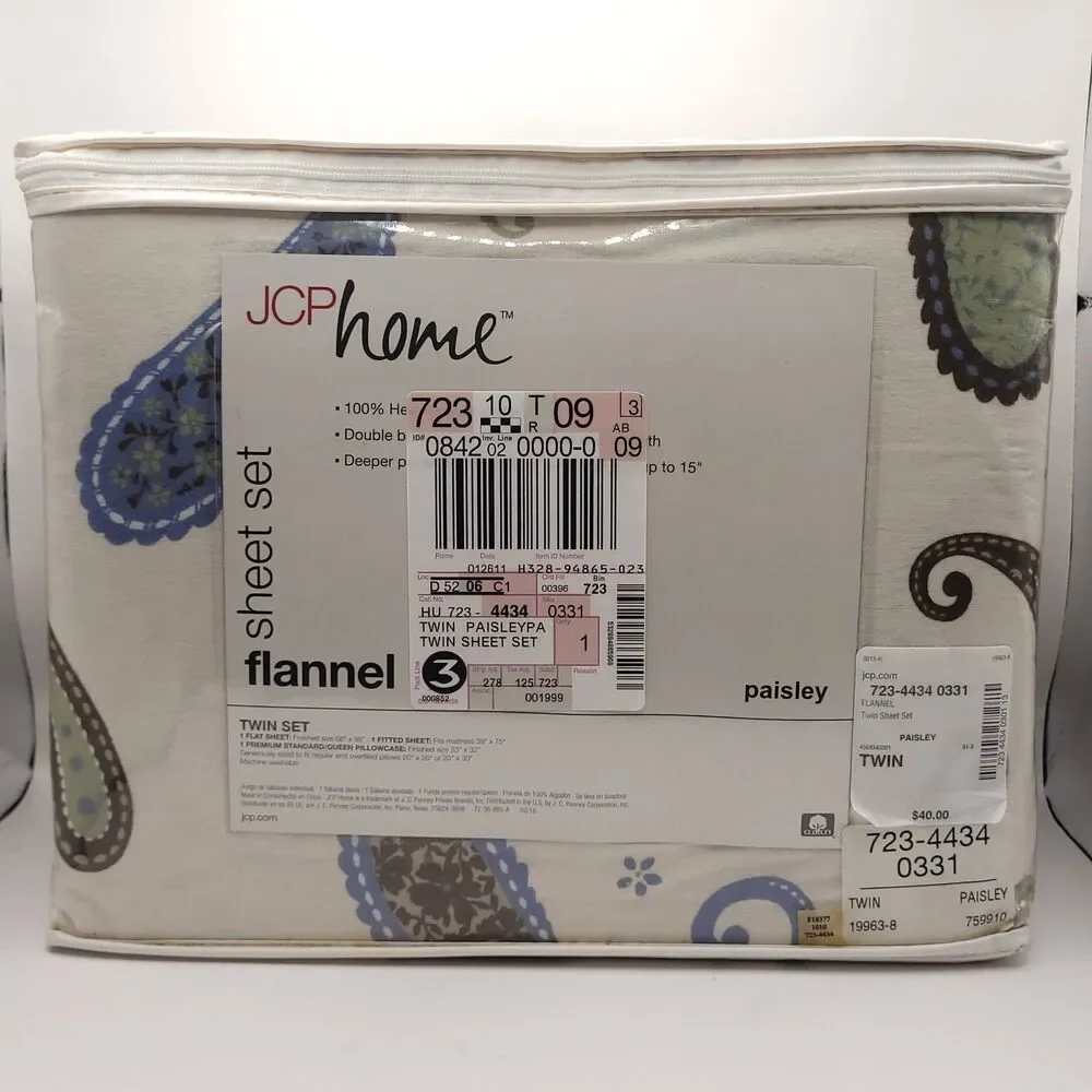 JCP Home Flannel Sheet Set Twin Size with Paisley Design on Neutral Background